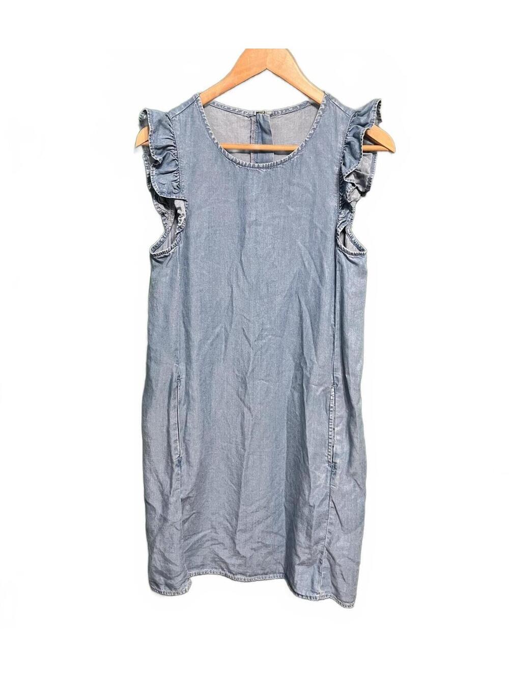 Light Blue Chambray Denim Flutter Sleeve Shift Dress Boho Coastal Cowgirl Size S